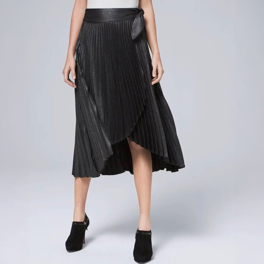 White House Black Market Pleated Wrap Midi Skirt Metallic Black Size 8